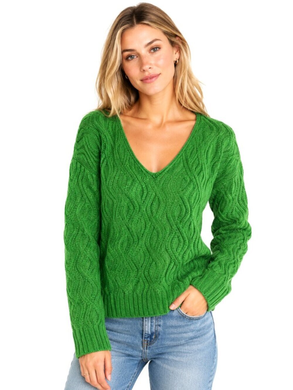 Lovers and Friends Green V-Neck Full Sleeve Knit Sweater